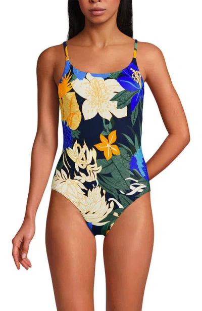 Lands' End Chlorine Resistant Scoop Neck High Leg Tugless Tank Thin Strap One Piece Swimsuit Adjusta In Navy Multi Floral Blooms