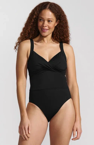 Lands' End D-cup Wirefree Wrap Midkini Swimsuit Top In Black