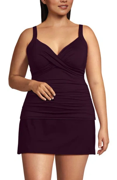 Lands' End D-cup V-neck Wrap Underwire Tankini Top Swimsuit In Burgundy