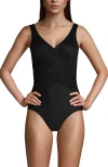 LANDS' END LANDS' END DD-CUP SLENDERSUIT TUMMY CONTROL V-NECK WRAP ONE PIECE SWIMSUIT