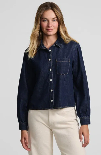 Lands' End Denim Cropped Button Front Shirt In Blue