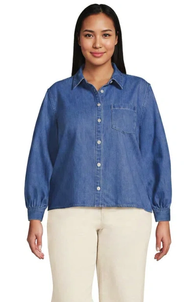 Lands' End Denim Cropped Button Front Shirt In Blue
