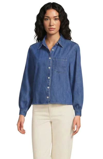 Lands' End Denim Cropped Button Front Shirt In Light Indigo