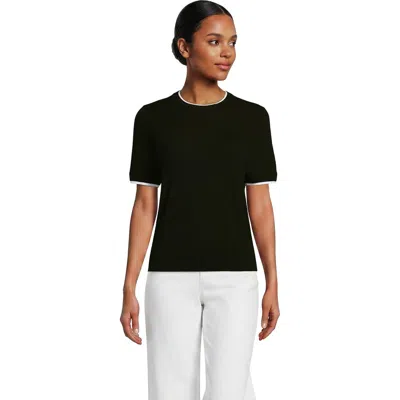 Lands' End Double Trim Cotton Crew Neck Tee Sweater In Black