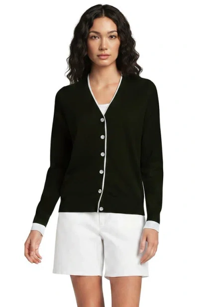 Lands' End Double Trim Cotton V Neck Cardigan Sweater In Black