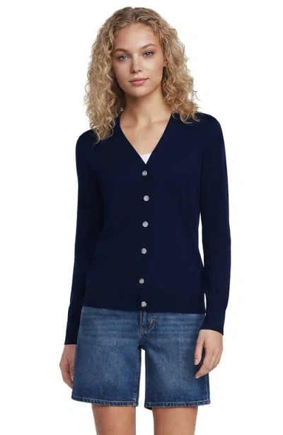 Lands' End Double Trim Cotton V Neck Cardigan Sweater In Blue