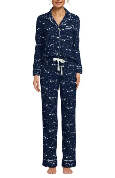 Lands' End Drapey Flannel 2 Piece Pajama Set In Deep Sea Navy Reindeer