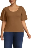 Lands' End Drapey Rib Puff Sleeve Scoop Neck Top In Brown