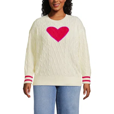 Lands' End Drifter Aran Cable Easy Fit Crew Sweater In Fresh Ivory/berry Rouge Heart