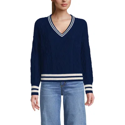 Lands' End Drifter Cable Vneck Sweater In Blue