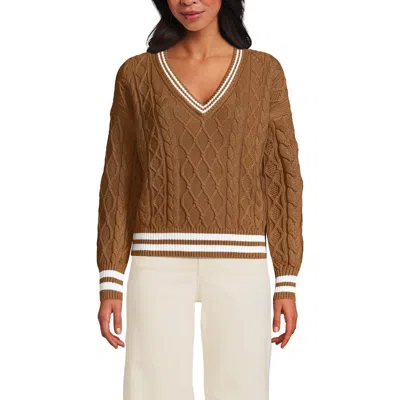 Lands' End Drifter Cable Vneck Sweater In Brown
