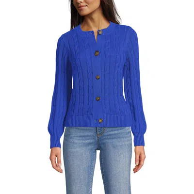 Lands' End Drifter Classic Cable Crew Neck Cardigan Sweater In Blue