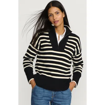 Lands' End Drifter Cotton Quarter Zip Pullover Sweater In Black/fresh Ivory Stripe
