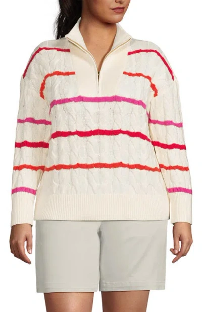 Lands' End Plus Size Drifter Cable Quarter Zip Sweater In Fresh Ivory Wide Multi Stripe