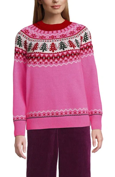 Lands' End Drifter Jacquard Raglan Crew Neck Sweater In Pink