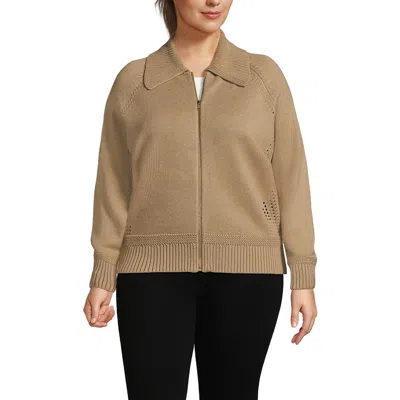 Lands' End Drifter Large Collar Zip Front Cardigan Sweater In Brown