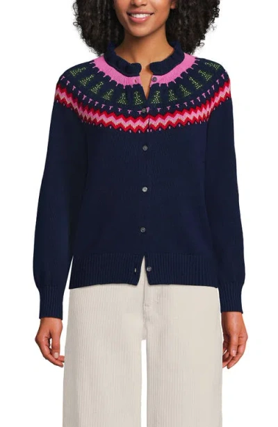 Lands' End Drifter Lurex Ruffle Neck Jacquard Cardigan Sweater In Multi