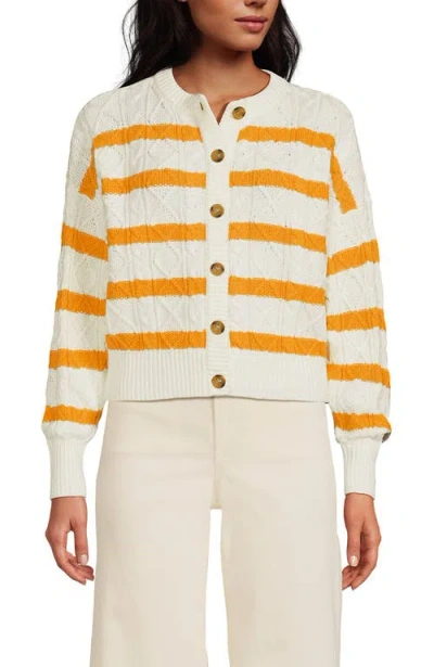 Lands' End Drifter Relaxed Cable Cardigan Sweater In Ivory/sweet Mango Gulf Stripe