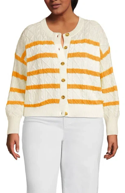 Lands' End Drifter Relaxed Cable Cardigan Sweater In Ivory/sweet Mango Gulf Stripe