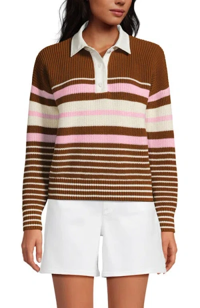 Lands' End Drifter Rugby With Woven Collar Sweater In Brown