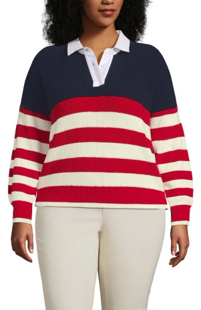 Lands' End Drifter Rugby With Woven Collar Sweater In Blue
