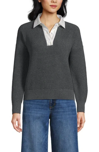Lands' End Drifter Rugby With Woven Collar Sweater In Gray