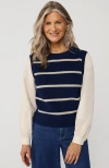 Lands' End Drifter Shaker Button Shoulder Sweater Vest With Poplin Sleeves In Deep Sea Navy/champagne Stripe