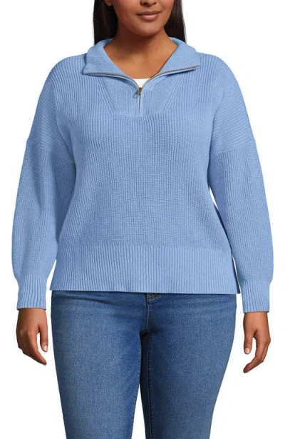 Lands' End Plus Size Drifter Floatback Jacquard Quarter Zip Sweater In Blue