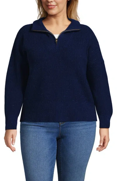 Lands' End Plus Size Drifter Floatback Jacquard Quarter Zip Sweater In Blue