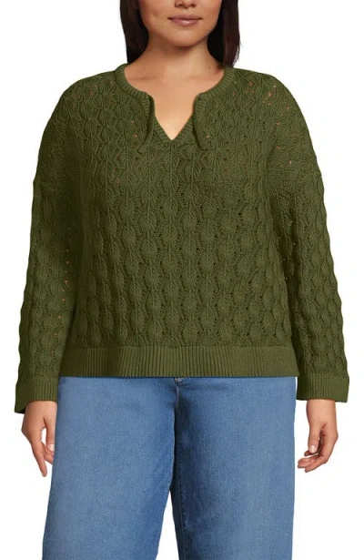 Lands' End Drifter Tie Notch Neck Sweater In Green
