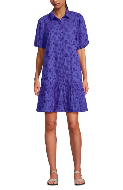 Lands' End Elbow Sleeve Eyelet Knee Length Shirt Dress In Blue