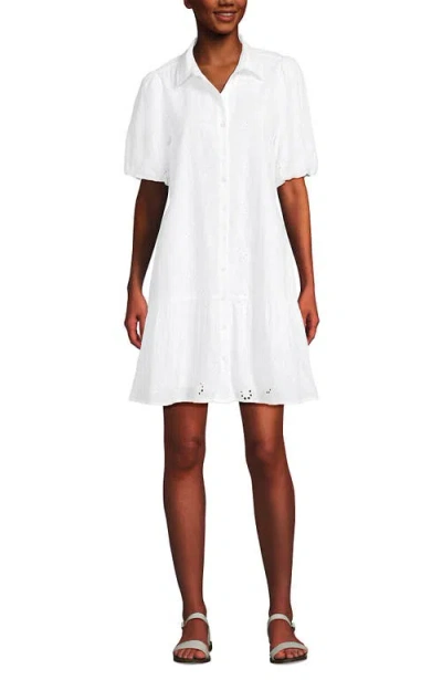 Lands' End Elbow Sleeve Eyelet Knee Length Shirt Dress In White