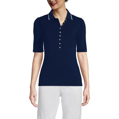 Lands' End Elbow Sleeve Lightweight Jersey Embellished Polo In Deep Sea Navy/ivory