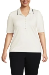 Lands' End Elbow Sleeve Lightweight Jersey Embellished Polo In Ivory/black