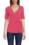 Lands' End Elbow Sleeve Lightweight Jersey Side Tie Blouse In Berry Rouge Tiny Stripe