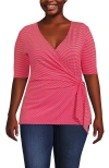 Lands' End Elbow Sleeve Lightweight Jersey Side Tie Blouse In Berry Rouge Tiny Stripe