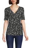 Lands' End Elbow Sleeve Lightweight Jersey Side Tie Blouse In Black Large Flower Patch