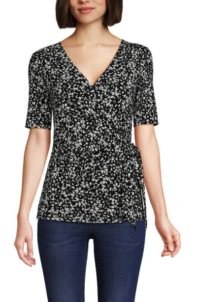Lands' End Elbow Sleeve Lightweight Jersey Side Tie Blouse In Black Large Flower Patch