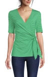 Lands' End Elbow Sleeve Lightweight Jersey Side Tie Blouse In Clover/white Tiny Stripe