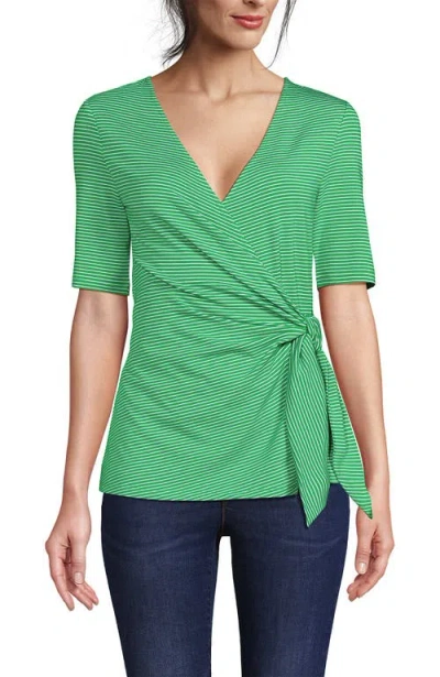 Lands' End Elbow Sleeve Lightweight Jersey Side Tie Blouse In Clover/white Tiny Stripe