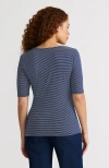 Lands' End Elbow Sleeve Lightweight Jersey Side Tie Blouse In Deep Sea Navy Tiny Stripe