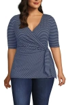 Lands' End Plus Size Elbow Sleeve Lightweight Jersey Side Tie Blouse In Deep Sea Navy Tiny Stripe