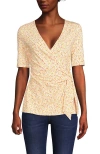 Lands' End Elbow Sleeve Lightweight Jersey Side Tie Blouse In Ivory/yellow Floral