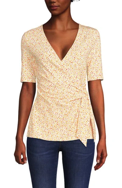 Lands' End Elbow Sleeve Lightweight Jersey Side Tie Blouse In Ivory/yellow Floral
