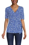 Lands' End Elbow Sleeve Lightweight Jersey Side Tie Blouse In Sapphire Gem Flower Patch