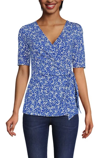 Lands' End Elbow Sleeve Lightweight Jersey Side Tie Blouse In Sapphire Gem Flower Patch