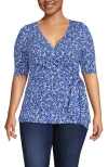 Lands' End Elbow Sleeve Lightweight Jersey Side Tie Blouse In Sapphire Gem Flower Patch