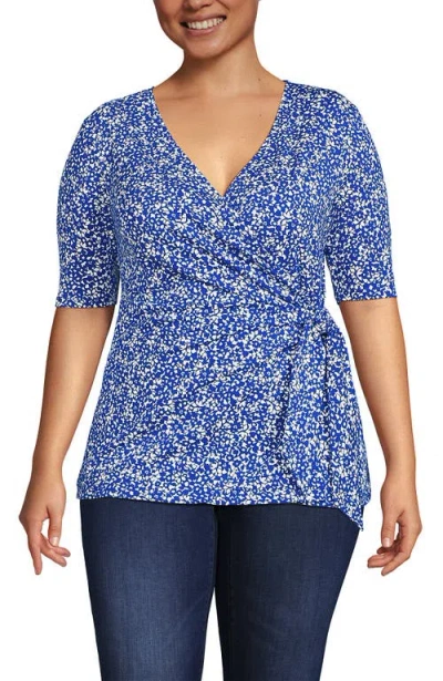 Lands' End Elbow Sleeve Lightweight Jersey Side Tie Blouse In Sapphire Gem Flower Patch