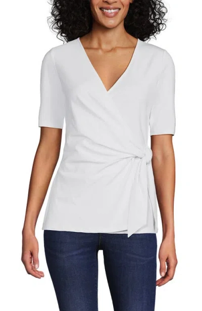 Lands' End Elbow Sleeve Lightweight Jersey Side Tie Blouse In White