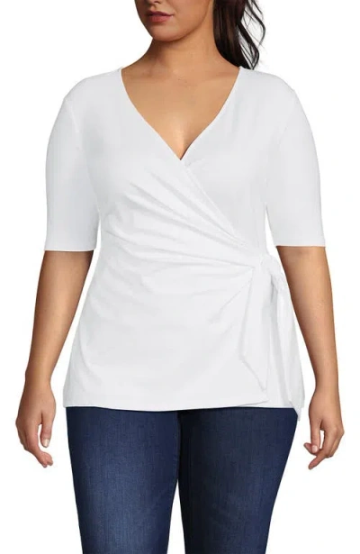 Lands' End Plus Size Elbow Sleeve Lightweight Jersey Side Tie Blouse In White